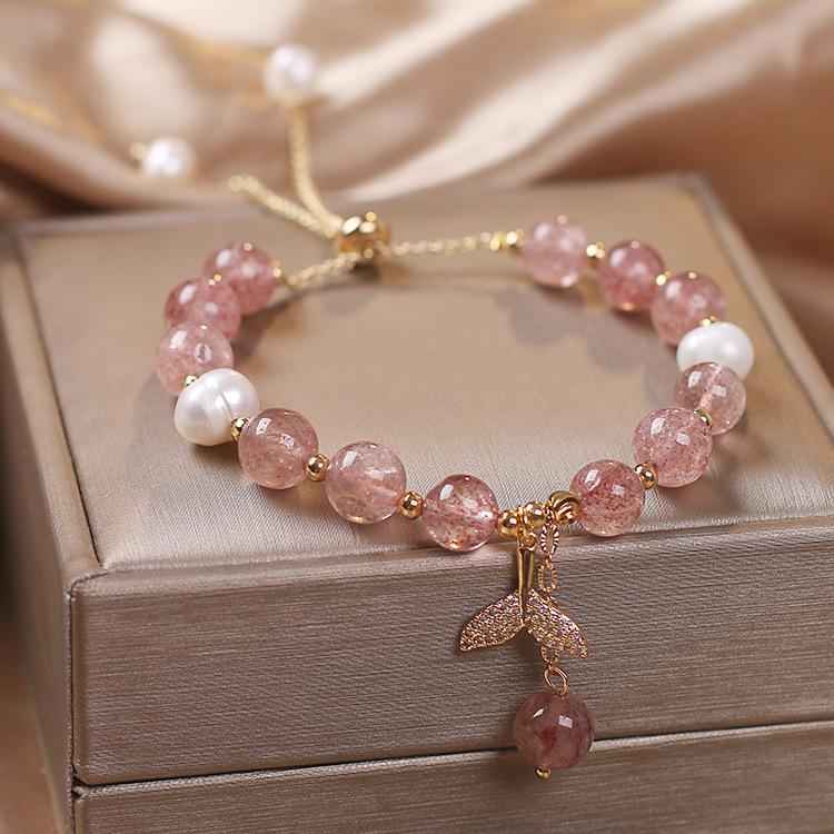Elegant Fish Tail Natural Strawberry Quartz & Freshwater Pearl 14K Gold Filled Female Charm Bracelet  For Women Gifts