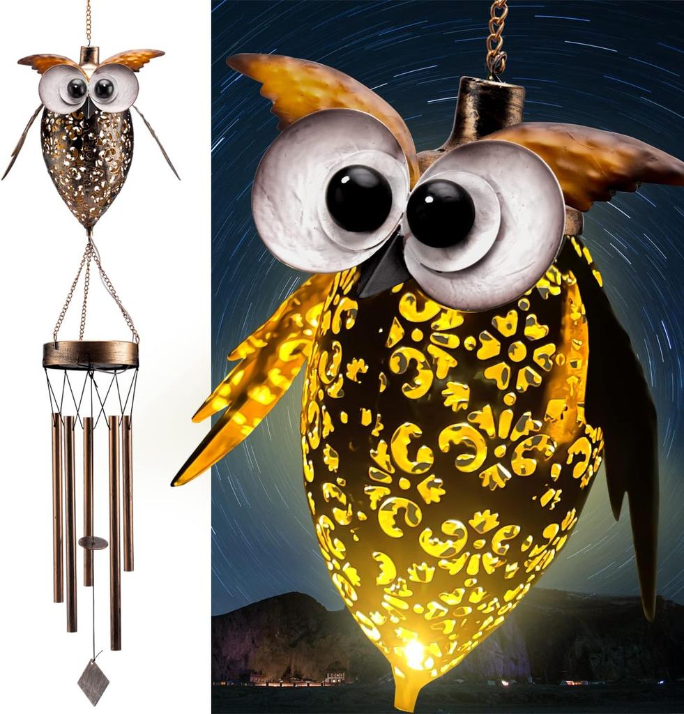 Solar Owl Wind Chimes Lamp Outdoor Decoration Chime Pipes Metal Windchimes Outdoors Garden Yard Patio Hanging Light Ornament