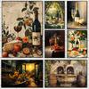 Vintage Wine Barrels and Wine Fountain Dinner Party Food Illustration Poster Canvas Painting Wall Pictures Home Wine Shop Decor