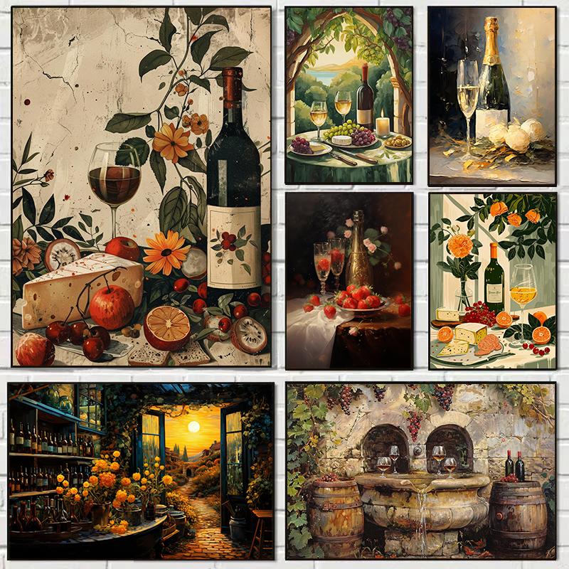 Vintage Wine Barrels and Wine Fountain Dinner Party Food Illustration Poster Canvas Painting Wall Pictures Home Wine Shop Decor