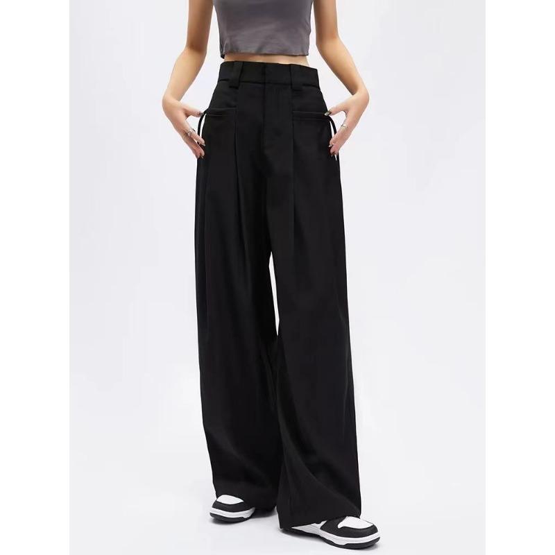 Hong Kong Style Retro Brown Wide Leg Suit Pants for Women 2024 Spring and Autumn New Style Loose Strap Hanging Floor Pants for Summer