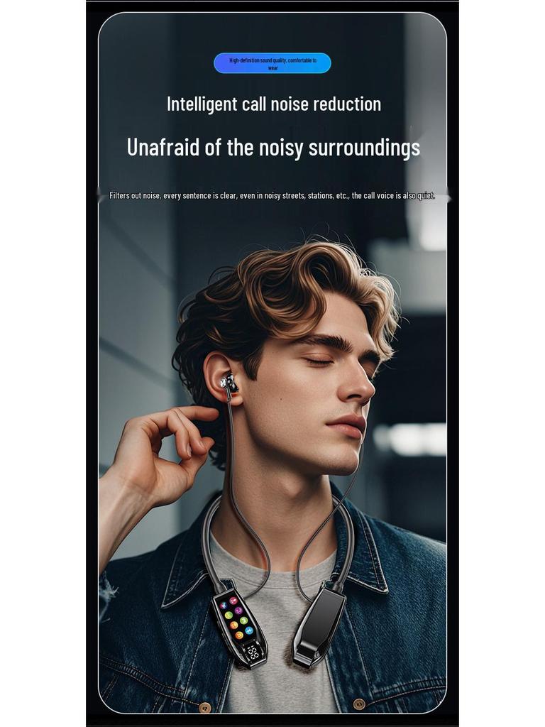 Trendy Neck-Hanging Bluetooth Headphones with High-Quality Sound, Digital Display, Karaoke Feature, and Long Battery Life.