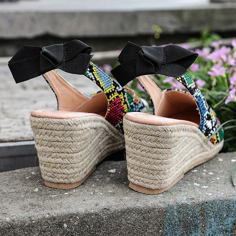 European & American Snakeskin Pattern Jute Wedge Women's Closed-Toe Backless Summer Sandals, Plus Size High Heel Shoes
