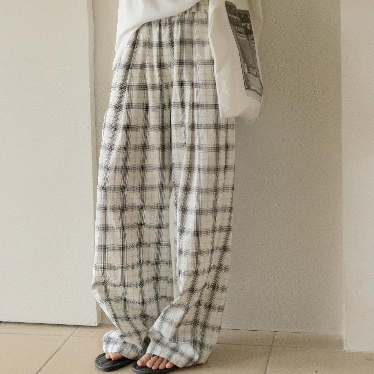 

VNOOK Women s Wide-Leg Plaid Cotton Pants - Casual, Loose, Floor-Length with Bubble Texture. L