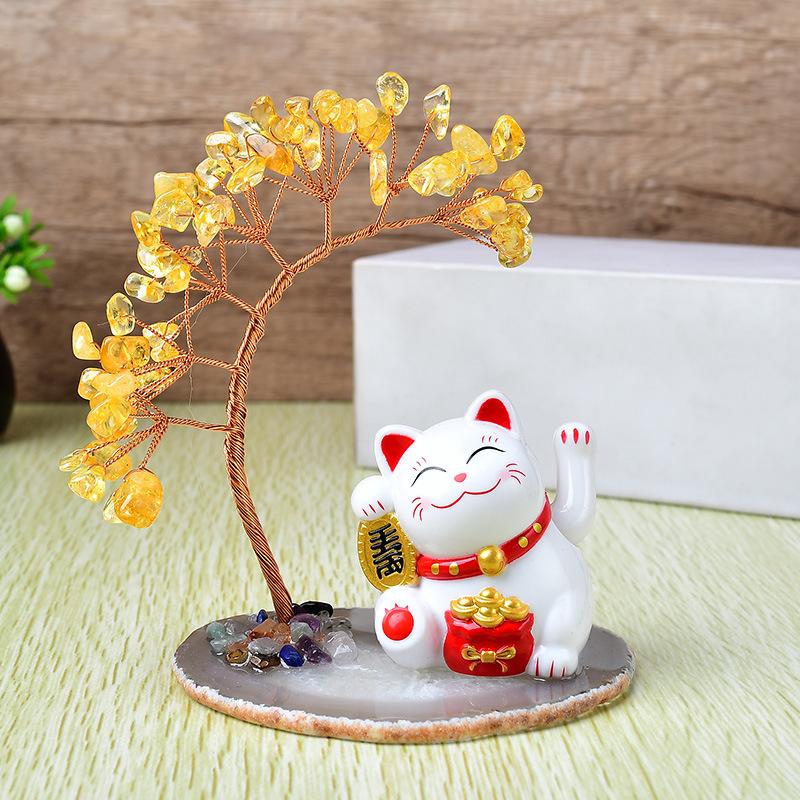 Solar Energy Shake Hands Lucky Cat Base Fate Tree Office Home Natural Crystal Crushed Stone Life Tree Handwoven Weaving Decor