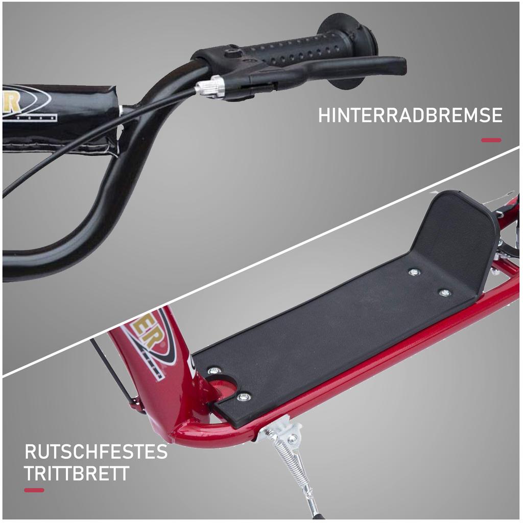 Kinderroller Trittroller, mit 12" EVA-Reifen, Hinterradbremse, Große Räder Roller für 5-12 Jahre, Rot