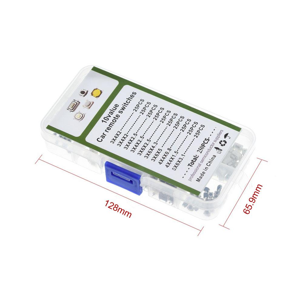 250Pcs 10-Types Tactile Push Button Switch Car Remote Control Keys Tablet Actile Push Button Touch Microswitch Assortment Kit