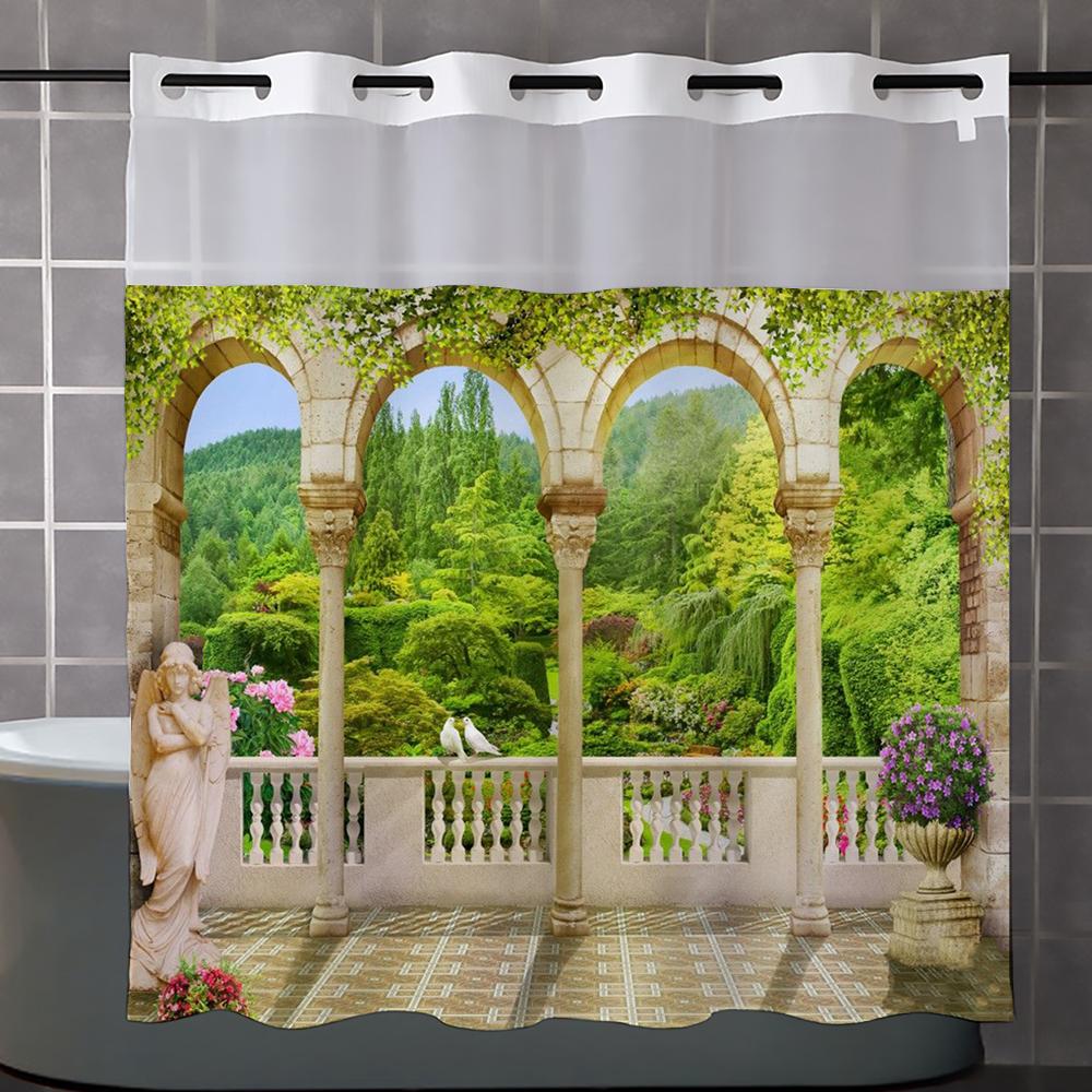 

No Hook landscape pattern Shower Curtain With Snap-in Fabric Liner, Sheer Top Window, Waterproof Double Layer Bathtub curtain 180X188cm синий