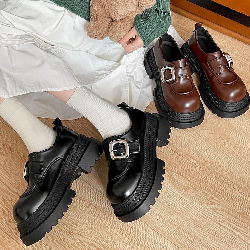 Black British style heightened platform small leather shoes women's 2025 new autumn and winter versatile French round head Mary Jane single shoes