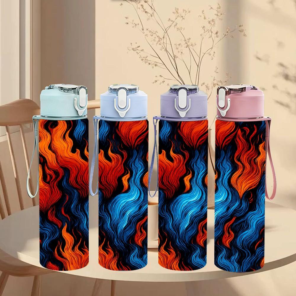 1PC Fire Blue Flame Swirl Art Print 750ml Color Plastic Sports Water Bottle Leakproof Flip Straw Lid Suitable for Sports Office Home Use
