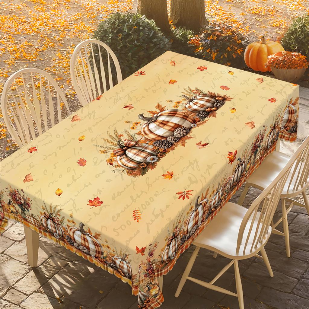 1 Piece Thanksgiving Round And Rectangular Tablecloth, Various Sizes, Autum Pumpkin Wheat Ear Orange Plaid Tablecloth, Table Cover For Home Kitchen, T