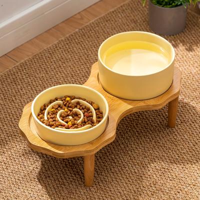 Bomei Ceramic Slow Feeder Dog Bowl - Anti-Choking & Anti-Spill Double Pet Bowls with Wooden Stand