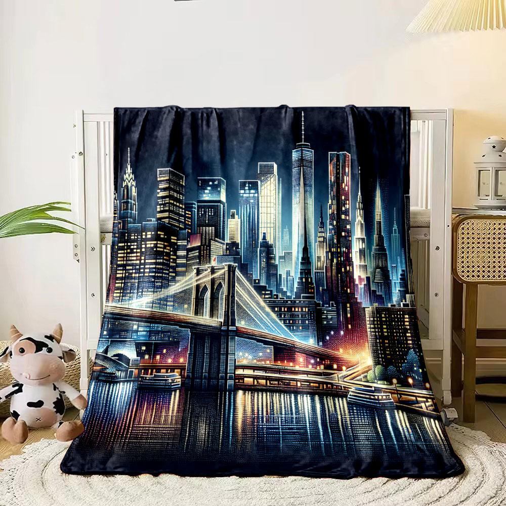 "Vibrant Night Cityscape with Bridge" Print Blanket Soft and Cozy Perfect for the Living Room Bed Sofa or a Nap,gift