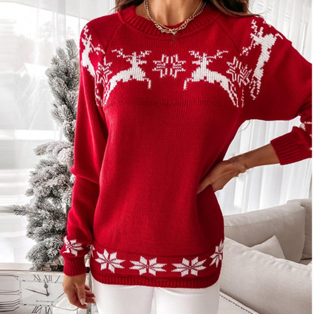 Women's Fashion  Winter Christmas Knitted Long Sleeve Round-Neck  Sweater