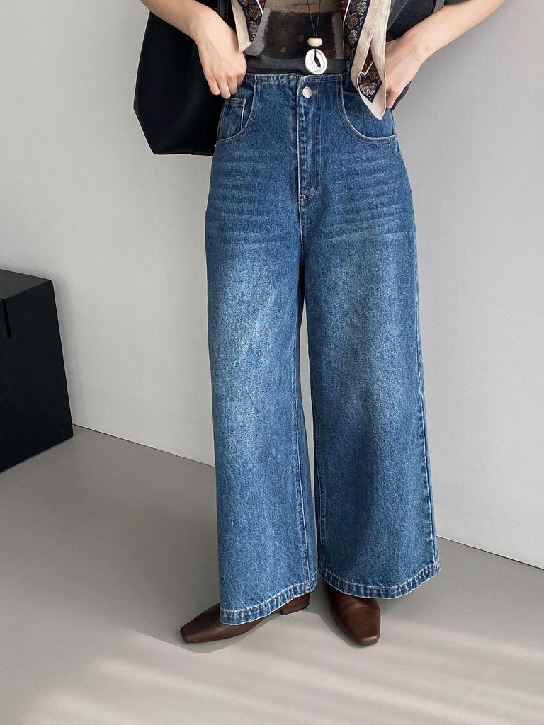 Women's Retro Washed Wide-Leg Denim Pants - Korean Style Straight-Leg Long Pants
