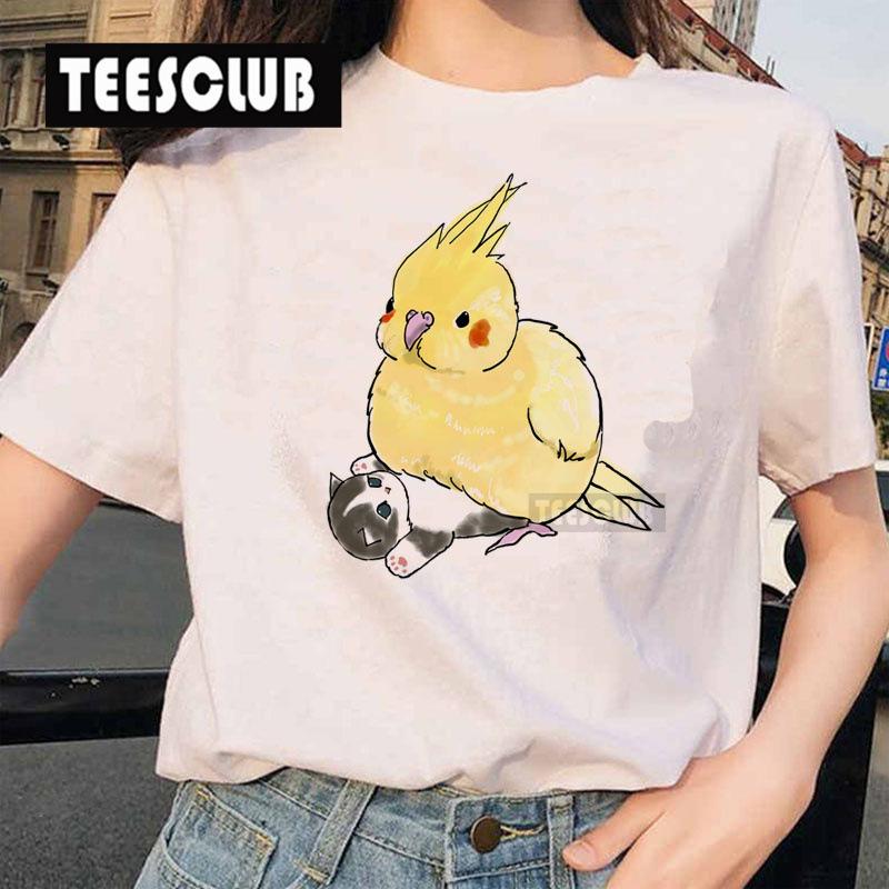 Women s Polyester 100% European-Style Cartoon Parrot Cat Print T-shirt Short Sleeve Harajuku Graphic Top Summer S