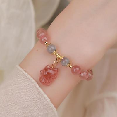 2024 Trendy Strawberry Wafer Bead Bracelet with Fox Pendant and Gray Moonlight Accents for Women