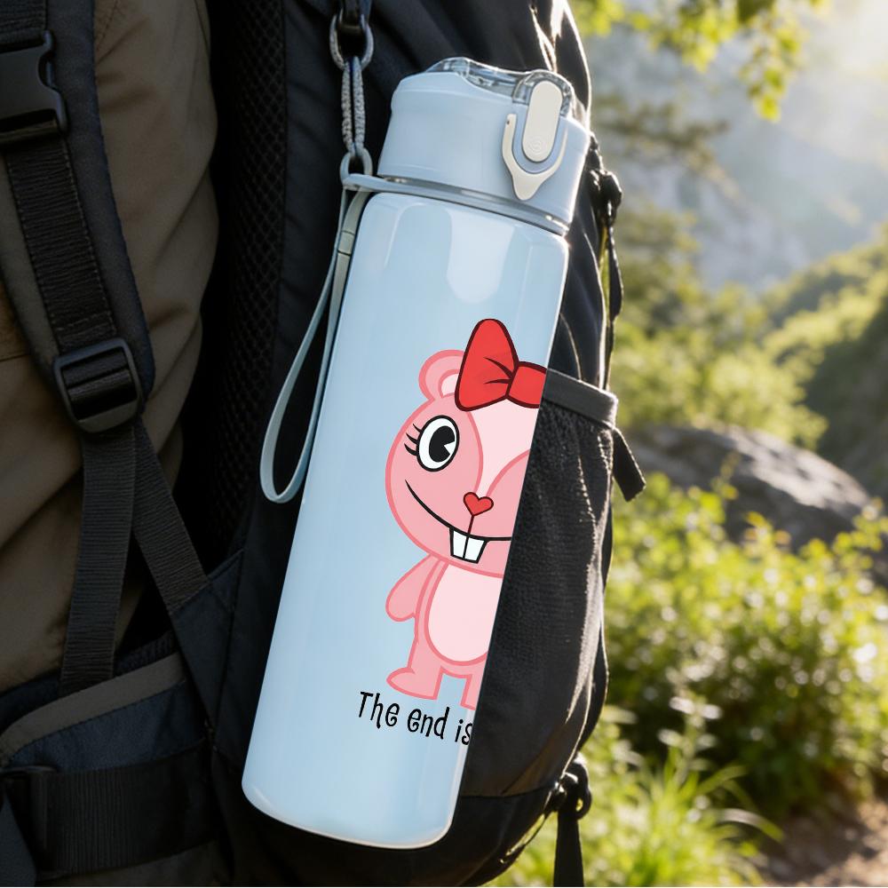1PC Pink Pig Cartoon Figure Print 750ml Colorful Plastic Sports Water Bottle Leakproof Pop Lid with Straw for Outdoor Office Home Use