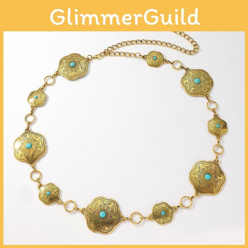 Style Turquoise Western Silver Metal Waist Chain With Carved Details For Women