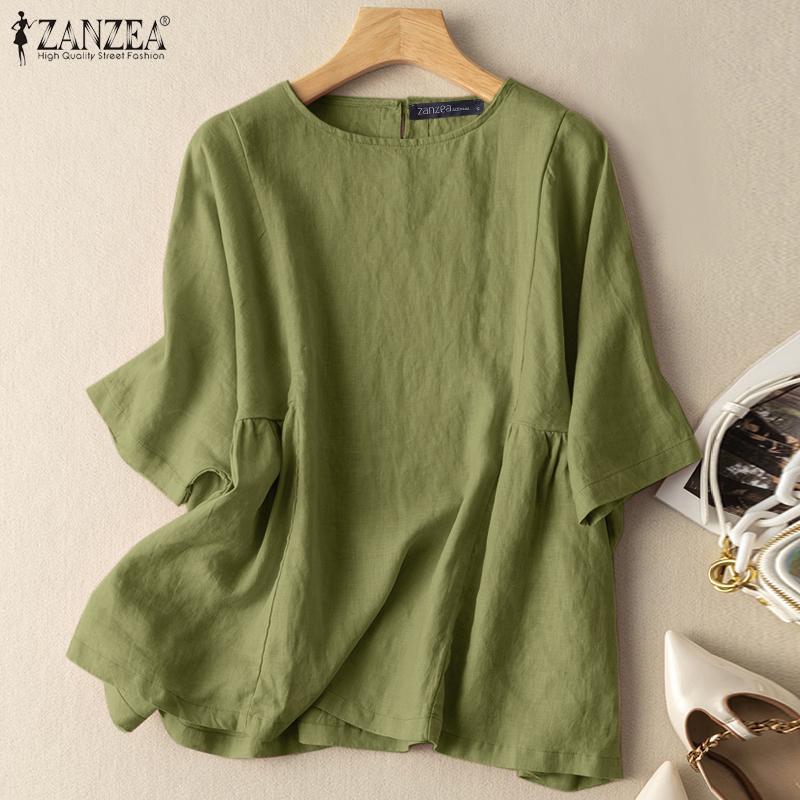 

ZANZEA Женщины Повседневный O-образный вырез 3/4 Рукав Футболка Сплошной цвет Летний хлопок Блузка Топы