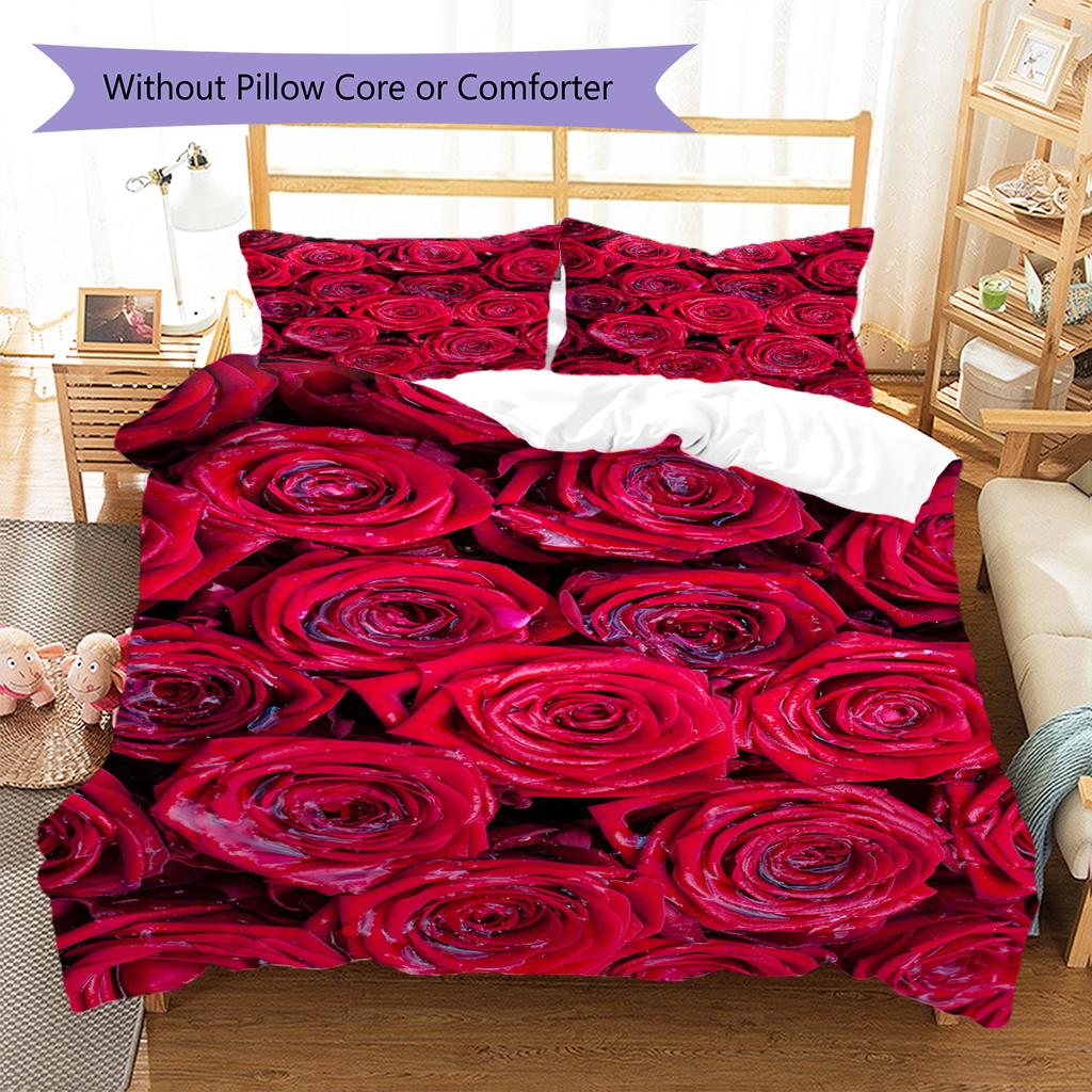 Rose Pattern Bedding Quilt Set Quilt Cover Pillowcase Home Decoration Gift (1 * Duvet Cover + 2 * Pillowcase, Without Core)