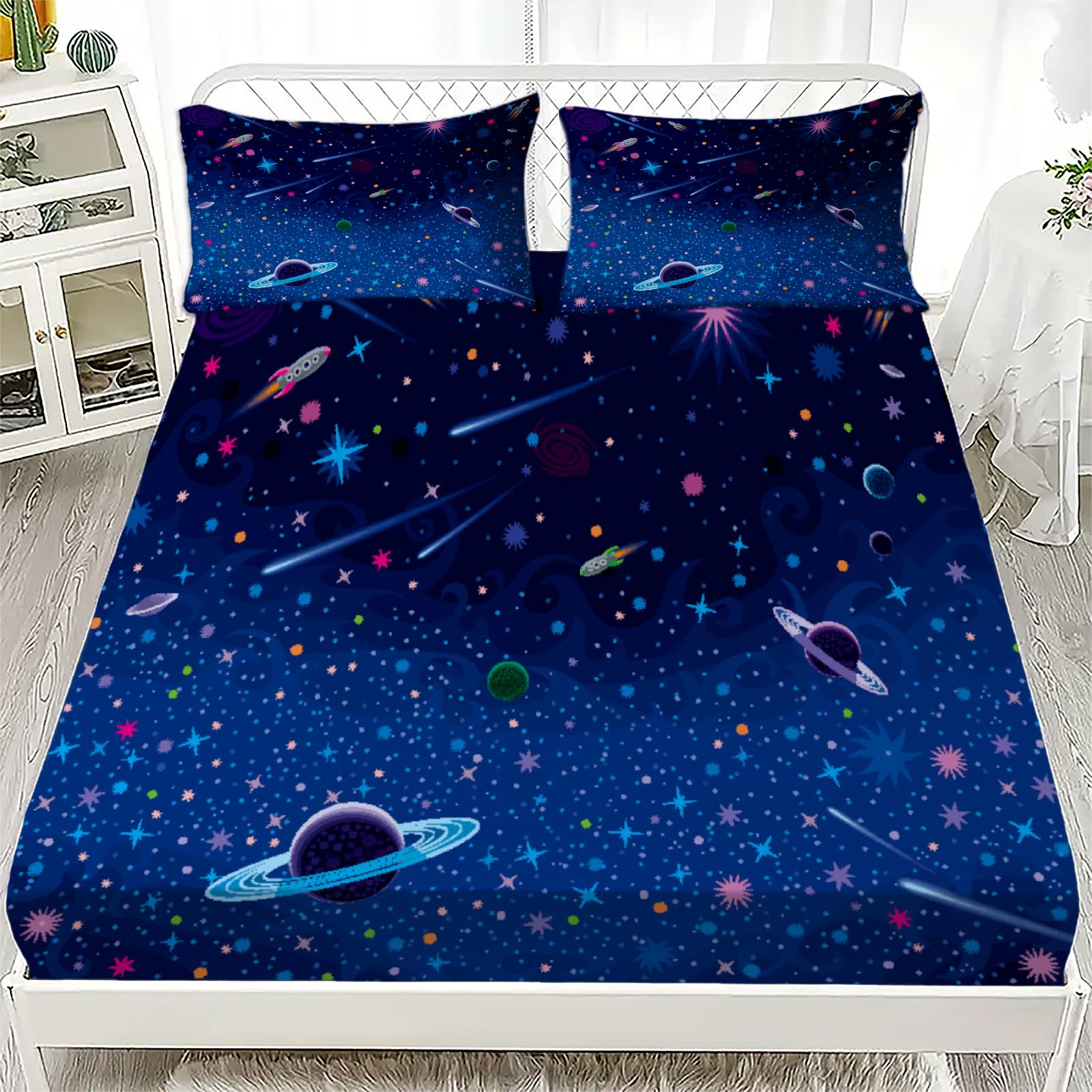 

3pcs Fitted Sheet Set Cartoon Style Space Planets Stars Galaxies Cosmos Illustration Printed Bed Sheet With 2 Pillowcases 99x190x25cm