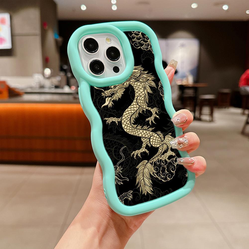 N81 Dragon design art Macaron Wavy Edge Phone Cases for iPhone 16 Pro Max Samsung S24 Plus S23 Ultra A35 A55 Xiaomi Redmi Note 13 Shockproof Cover