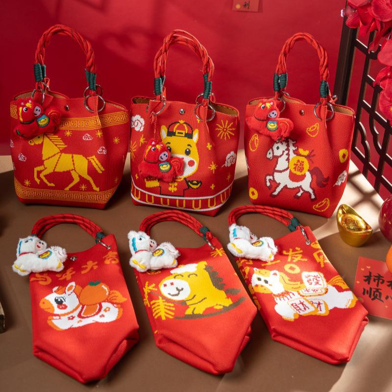 New 2026 Horse Year Cartoon Mascot Pony Knitted Bucket Bag For Women Fashion Large Capacity Portable Handbag New Year Gift