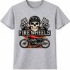 Motorcycle T Shirt Fire Wheels Skull Rider Biker Vintage Racing Graphic Tee