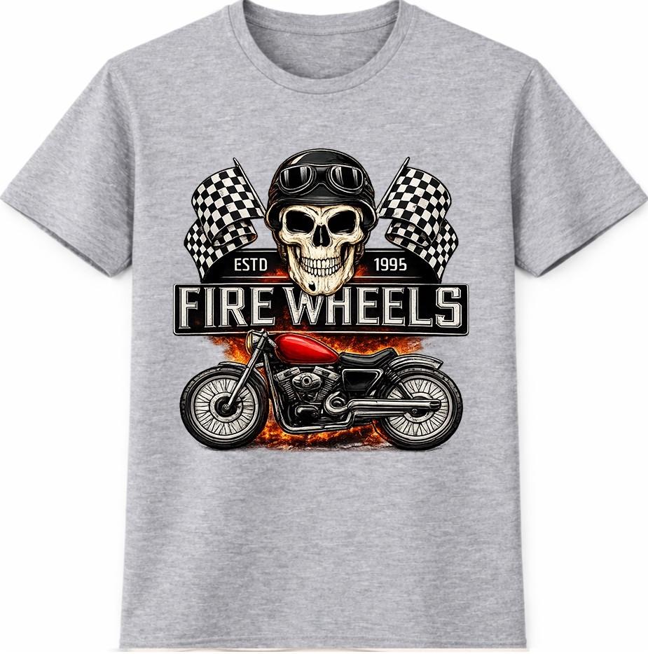 Motorcycle T Shirt Fire Wheels Skull Rider Biker Vintage Racing Graphic Tee