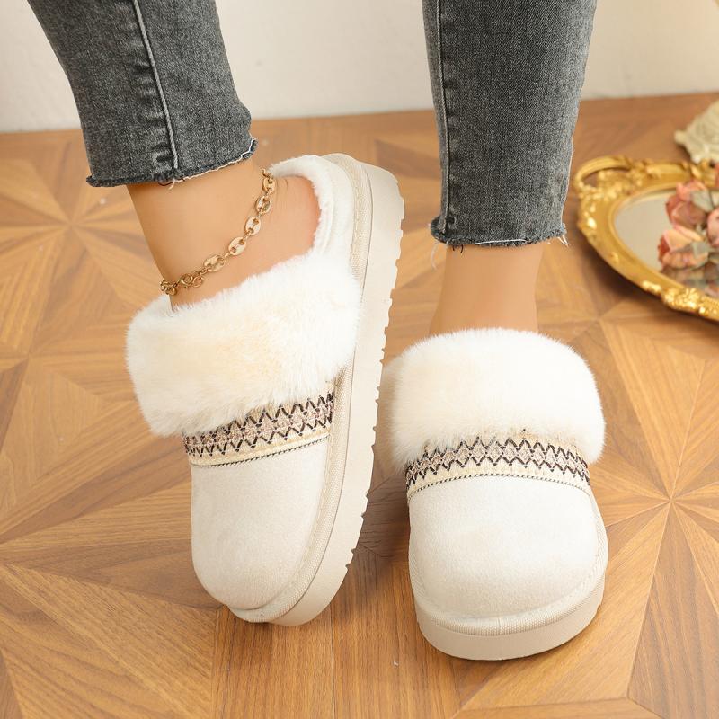 Modische Bunte Geometrische Stickerei Kunstfell Hausschuhe Damen 2025 Winter Komfort Weiche Sohle Slip On Schneestiefel Warm Kurze Plüsch Pantoletten