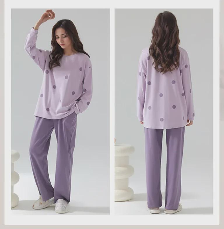 Pijama feminino de manga comprida com estampa de desenho animado e protetores de peito - algodão fino para uso interno/externo na primavera, outono e inverno