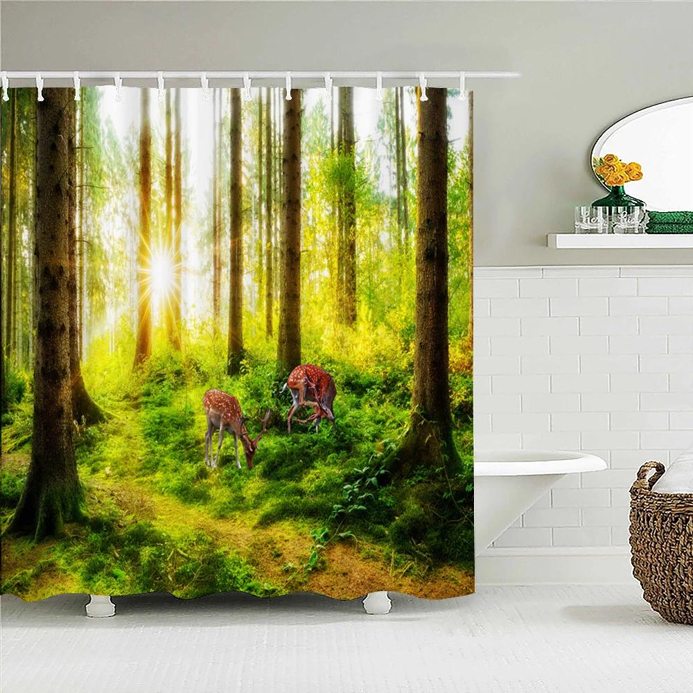 Stylish Tree Print Shower Curtain with Hooks Water-Repellent Screen Telescopic Rod Compatible Quick to Hang & Machine-Washable
