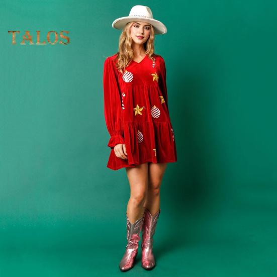 Weihnachtskleid für Damen, festlich, mit Sternendruck, Patchwork, Pailletten, A-Linie, plissiert, V-Ausschnitt, lange Ärmel, Rüschen, Samt, Party, Neujahr, Minikleid