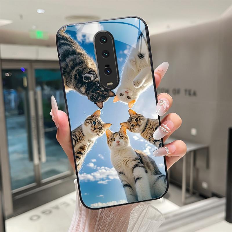 Cute Cartoon Cats Flower Case For Xiaomi Mi 9T Redmi K20 Pro Poco F2 Tempered Glass Phone Case Protective Back Cover Hard Shell