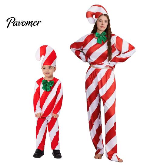 Zábavný vánoční párty outfit Kostým lízátka pro dospělé děti Červeno-bílý pruhovaný top Kalhoty Zpevněný šev Klobouk 3dílná sada Cosplay oblečení Muži A