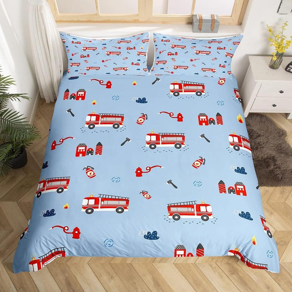 Fire Truck Duvet Cover Twin Queen Size,Kids Cute Car Road Traffic Print Comforter Cover Cartoon City Map Firefighter Bedding Set
