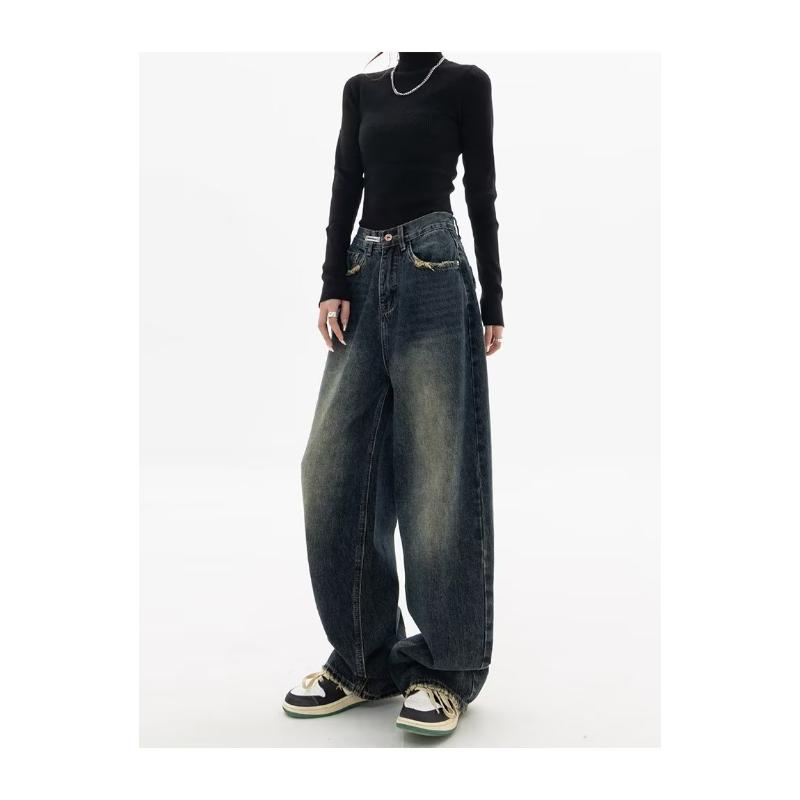 Spring and Summer New Jeans Women's High Waist Slimming and Straight Loose American Retro High Street Casual Pants Wide Leg Pants Pants