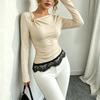 Damen-Farb-Langarm-T-Shirt mit asymmetrischem Ausschnitt, Spitzenbesatz am Saum und Akzenten