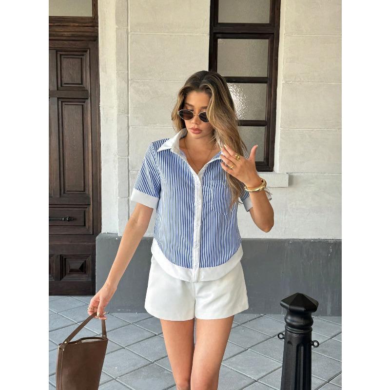 YYFS Damenmode Casual Sommer Frühling Streifendruck Kurzarm Polokragen Blusen & Hemden