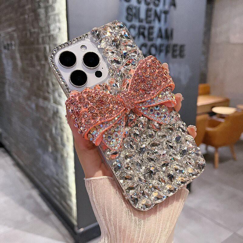 Luxury Full Rhinestone Phone Case With Bow IPhone 16/17 Pro Max Soft Silicone Bling Cover Women Anti-Drop Protection