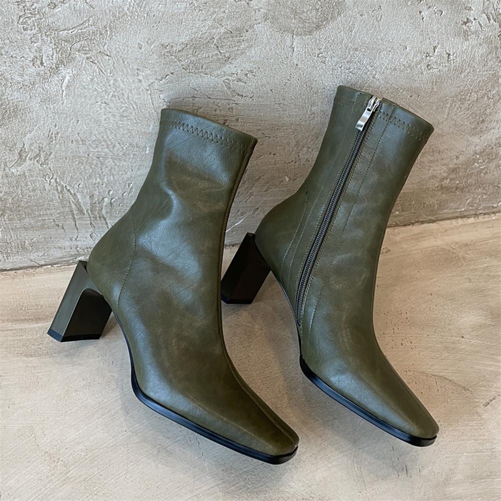 

Мода 2025 Новые Весна Осень Коровья кожа Ретро Квадратный носок Молния Высокий каблук Ботильоны Квадратный каблук На каждый день Женская обувь Зеленый 33-40 34