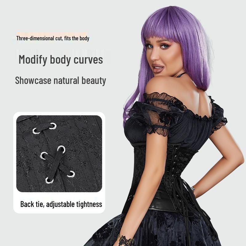 Gothic Black Jacquard Waist Cincher Corset with Leather Trim