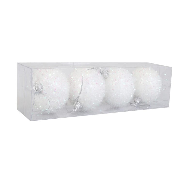 Set of 4 Styrofoam baubles with opalescent hairs, 6 cm