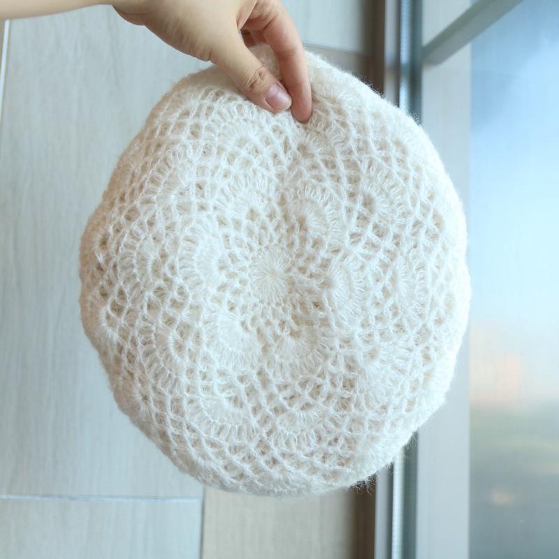 Double Layered Mohair Hollow Hook Flower Beret With Elegant Temperament For Ladies, Warm Autumn And Winter Hand Hook Artist Hat