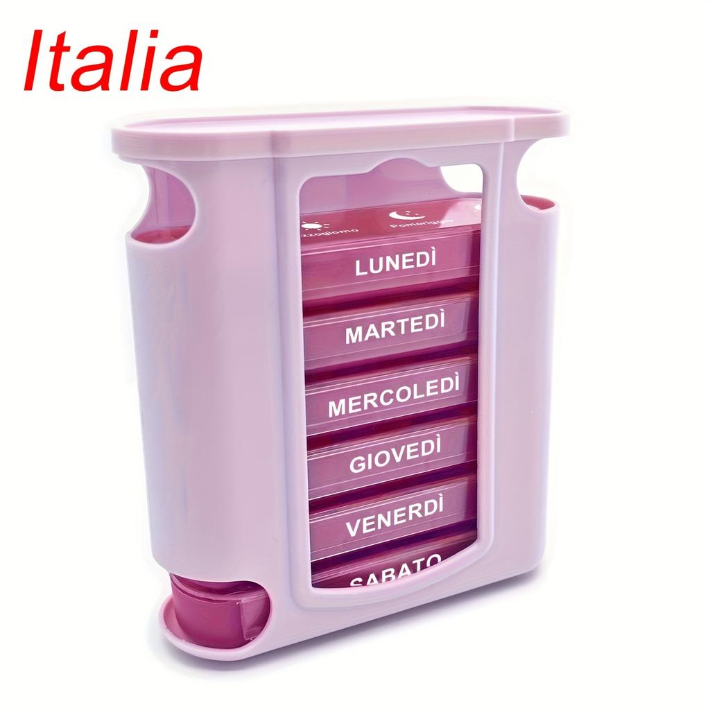 [Printed In Italy] Weekly Pill Organizer, 7 Stackable Compartments Four Times-a-Day - Morning, Noon, Evening, and Bedtime