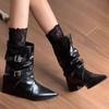Bottines Mode pour Femmes Bout Pointu Talon Haut Marron Bottes Courtes Automne 2025 Rétro Boucle de Ceinture Pointu Mi-Mollet Bottes Tube Pantalon