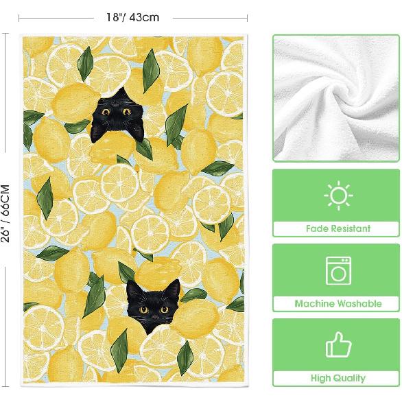 Artoid Mode Yellow Lemon Black Cat Summer Kitchen Towels Dish Towels, 18x26 Inch Leaves Farmhouse Summer Seasonal Decoration Hand Towels Set of 2