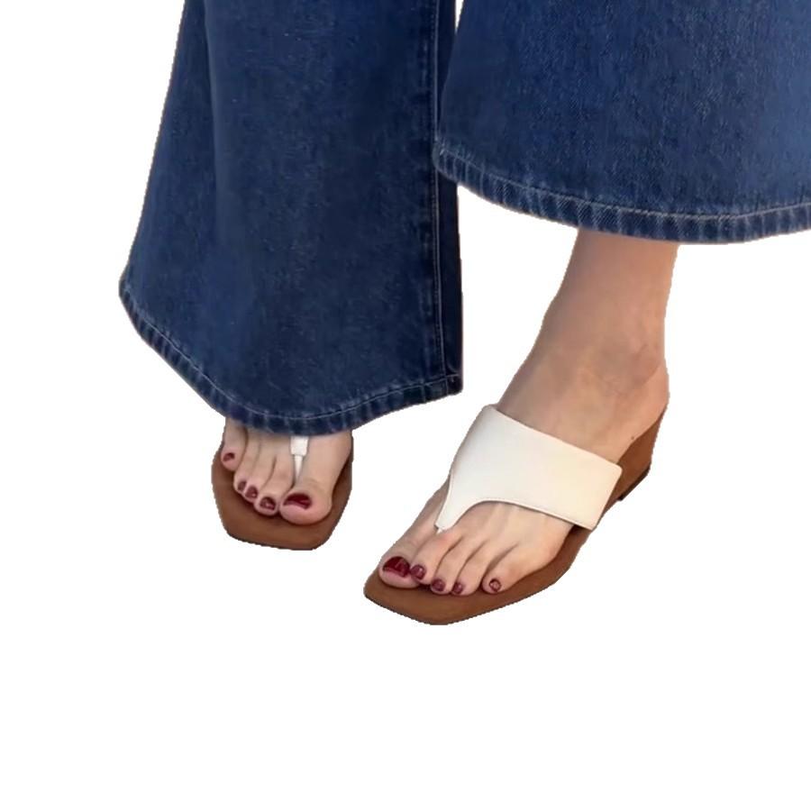 Keep version~ Thick-soled heightening flip-flops, retro minimalist square toe cool slippers, women's slope heel beach shoes