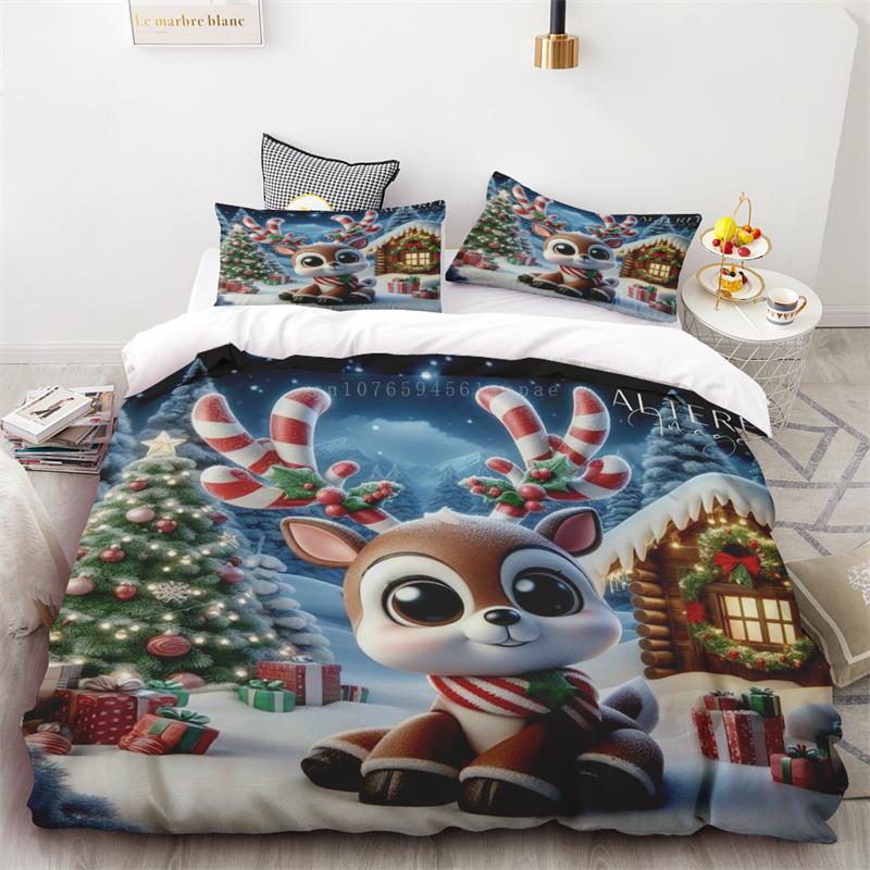New Style Duvet Cover Christmas Snowman Flower Three-piece Set One Quilt Cover Two Pillowcases Single Double Bed Queen King